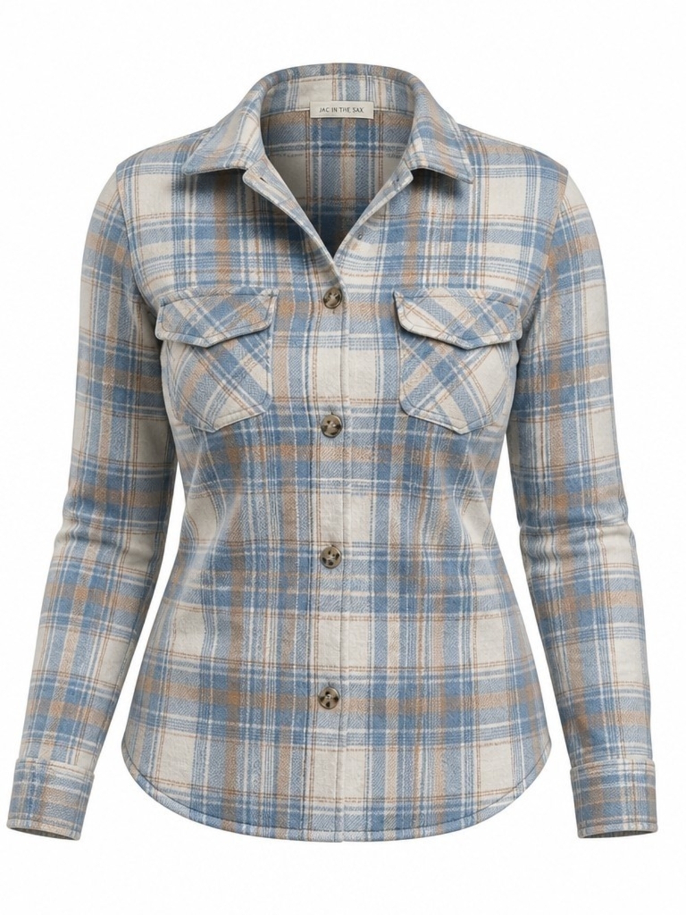 Pie in the Sky Women's Plaid Button Up Shacket Shirt Jacket Blue Beige Size S